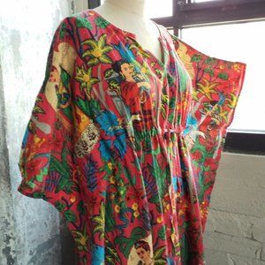 VIntage FRIDA KAHLO Tropical Bird Tree Print Red Cotton Boho Kaftan Maxi Dress
